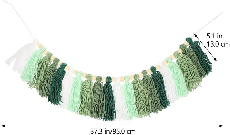 Wooden Beads Cotton Yarn Tassel Garland Hanging Pendant, Handwoven Green Macrame Wall Decor for Indoor Home and Classroom Decoration - Image 2