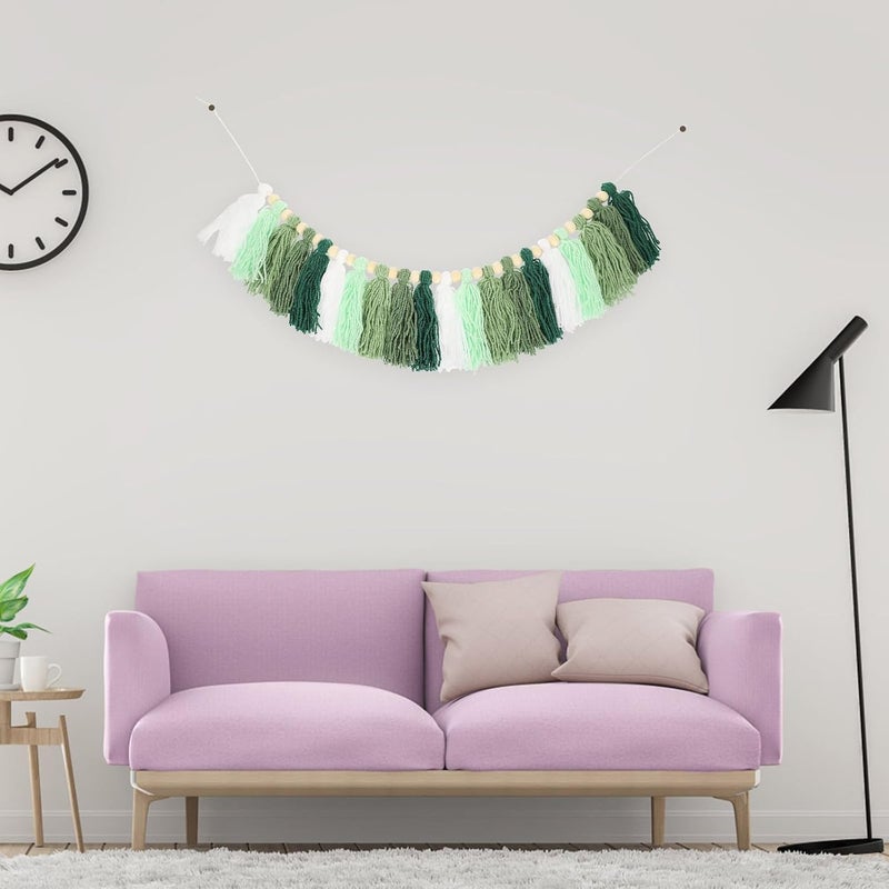 Wooden Beads Cotton Yarn Tassel Garland Hanging Pendant, Handwoven Green Macrame Wall Decor for Indoor Home and Classroom Decoration - Image 5
