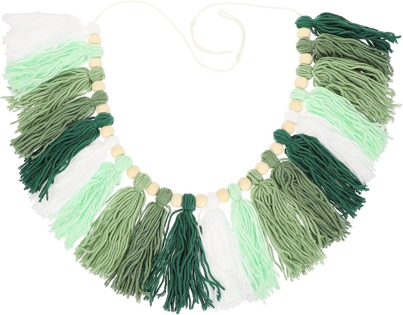 Wooden Beads Cotton Yarn Tassel Garland Hanging Pendant, Handwoven Green Macrame Wall Decor for Indoor Home and Classroom Decoration - Image 1