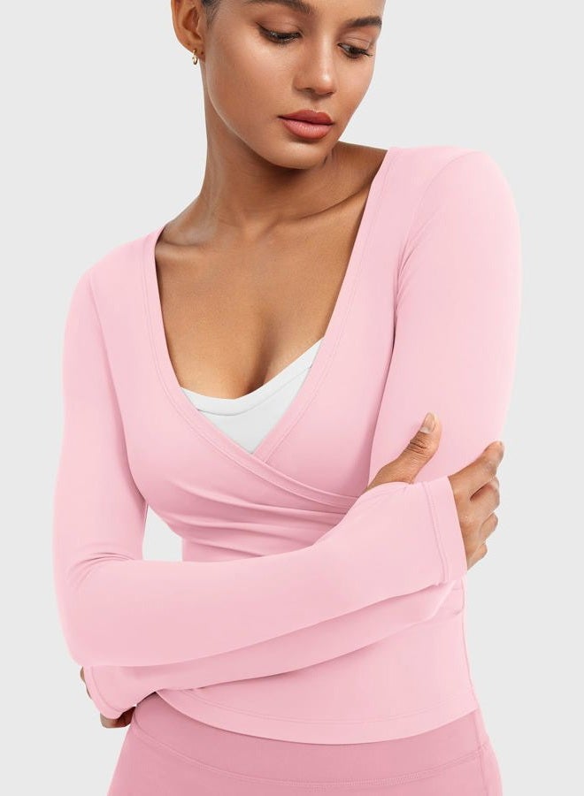 YEOREO Minniy Women Wrap Long Sleeve with Thumb Loops V Neck Basic Workout Shirts for Yoga Pilates Going Out Shrug Blouse - Image 5