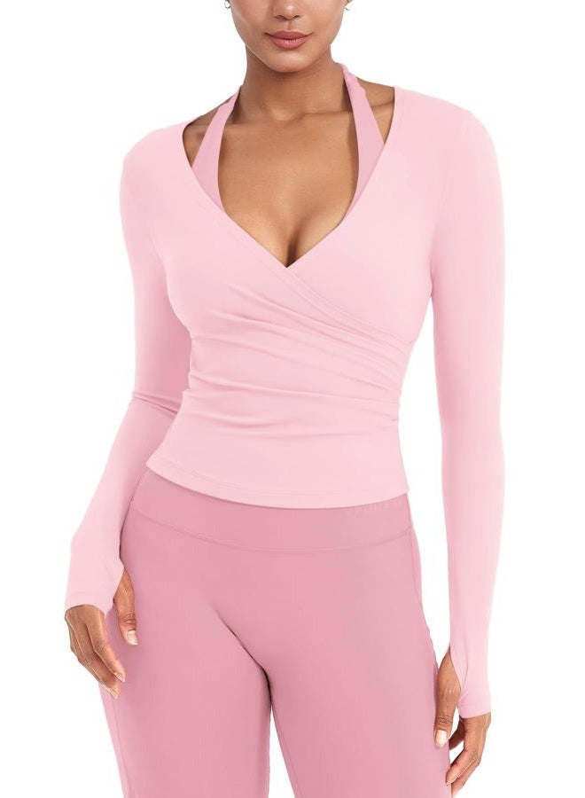YEOREO Minniy Women Wrap Long Sleeve with Thumb Loops V Neck Basic Workout Shirts for Yoga Pilates Going Out Shrug Blouse - Image 1
