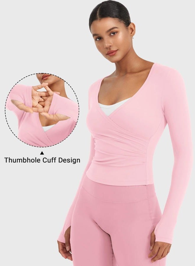 YEOREO Minniy Women Wrap Long Sleeve with Thumb Loops V Neck Basic Workout Shirts for Yoga Pilates Going Out Shrug Blouse - Image 3