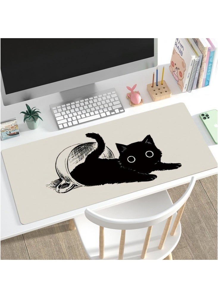 900x400x2mm Funny Cute Anime Black Cat Gaming E-Sports Mouse Pad Large Cartoon Desk Mat Extended Non-Slip Natural Rubber Base Keyboard Mat with Stitched Edges for Desk Home Office beige - Image 1