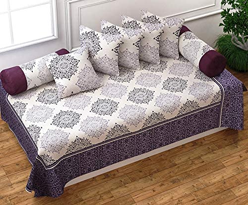 SpangleHomes 500 TC Weaved Thick Cotton Reversible Bedsheet/Bedcover for Diwan Bed-1 Single Bedcover,5 Cushion Covers,2 Booster Covers (Sunshine Wine/Purple, Diwan Set (1+2+5)) - Image 1