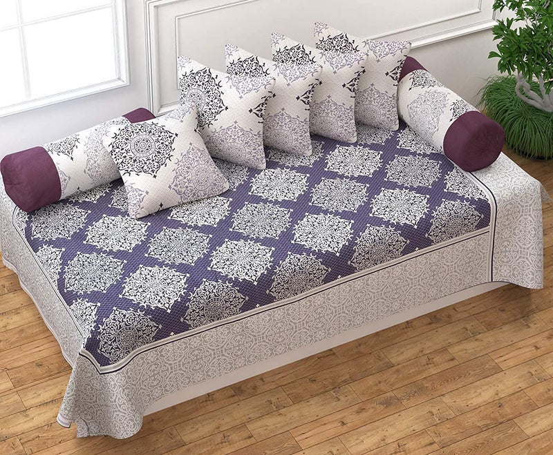 SpangleHomes 500 TC Weaved Thick Cotton Reversible Bedsheet/Bedcover for Diwan Bed-1 Single Bedcover,5 Cushion Covers,2 Booster Covers (Sunshine Wine/Purple, Diwan Set (1+2+5)) - Image 2