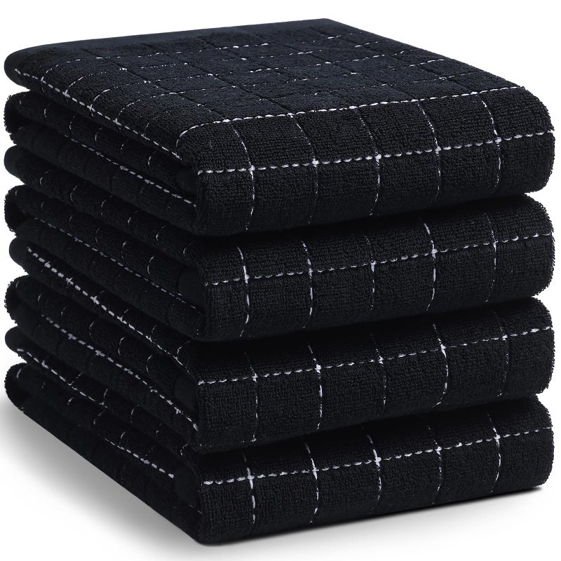 Homaxy 100% Cotton Terry Kitchen Towels(Black  20 x 28 inches)  Checkered Designed  Soft and Super Absorbent Dish Towels  Large 4 Pack - Image 1