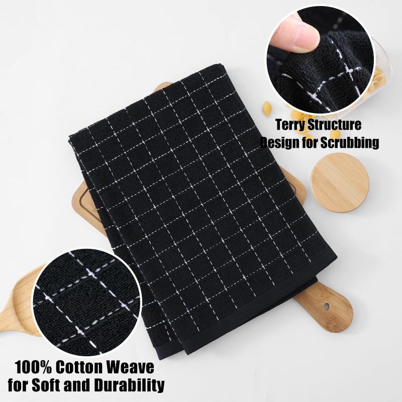 Homaxy 100% Cotton Terry Kitchen Towels(Black  20 x 28 inches)  Checkered Designed  Soft and Super Absorbent Dish Towels  Large 4 Pack - Image 2