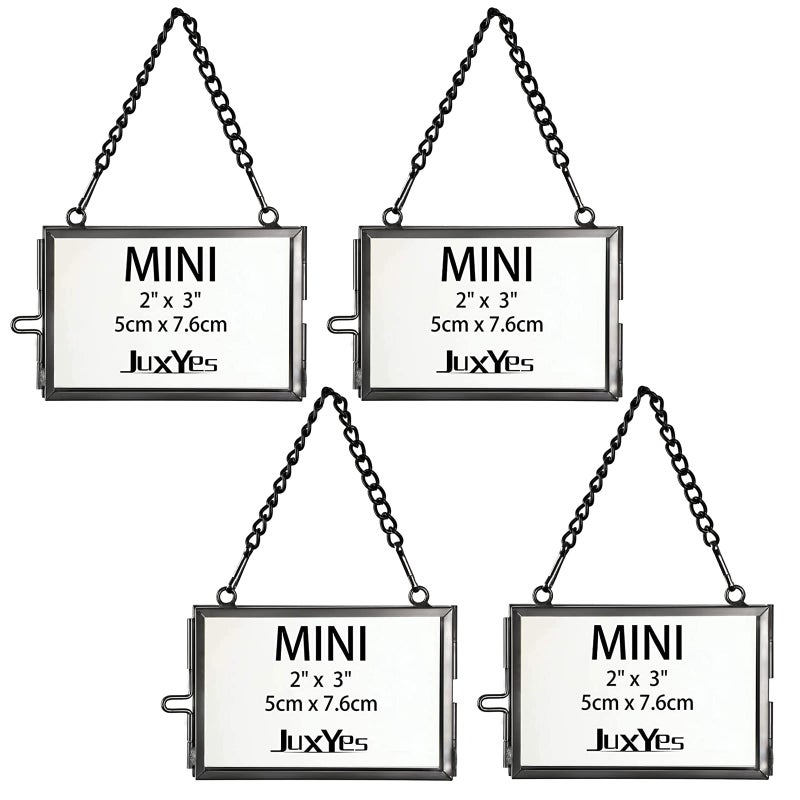 JUXYES Set of 4 Mini Brass Wall Hanging Photo Frame  Glass Hanging Picture Artwork Display Frame  Double Glass Floating Frame Style Gallery Wall Frame for Picture  Pressed Flower  Poster  etc - Image 1