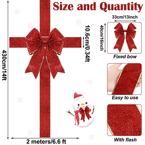 Geosar Christmas Door Cabinet Ribbon Bows Large Red Christmas Gold Glitter Wreath Bows Decorations for Front Door Xmas Tree Fireplace Festival Wrapping Holiday Party Supplies 14 x 66 ft - Image 3