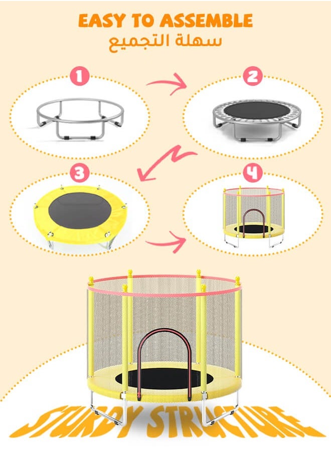 hibobi - Kids Trampoline, Children's Indoor Home Trampoline Bouncing Bed With Guard Net 140x140x120cm Yellow - Image 1