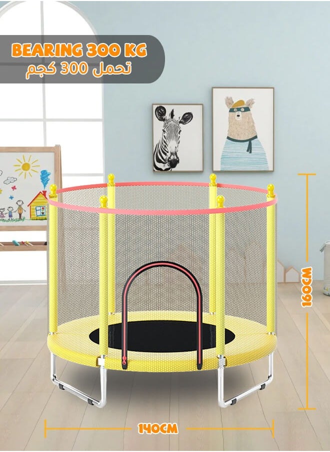 hibobi - Kids Trampoline, Children's Indoor Home Trampoline Bouncing Bed With Guard Net 140x140x120cm Yellow - Image 1