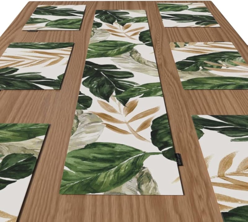 ART MOOD HOME Canvas Richy leaf placemats set Green * White * Gold 45L x 30W CM