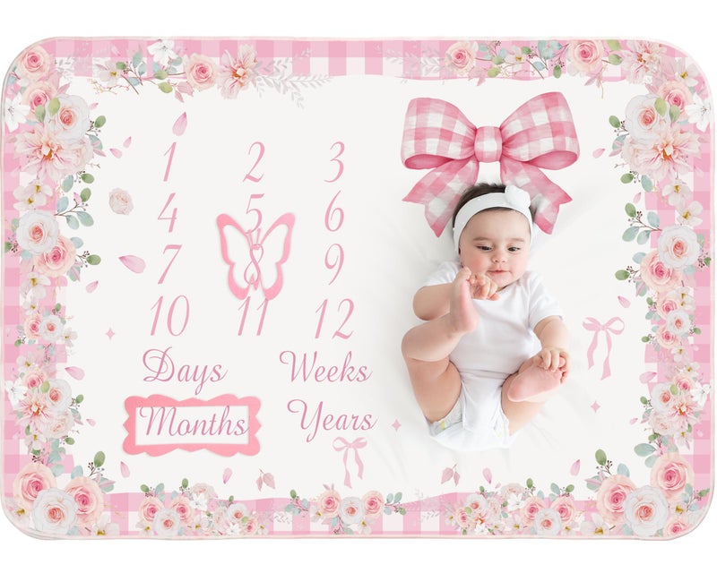 Chumia Baby Monthly Milestone Blanket for Baby Girl 59"x39" Floral Photo Prop Age Milestone Blanket with 2 Felt Floral Wreath Frame (Pink,Bow) - Image 1