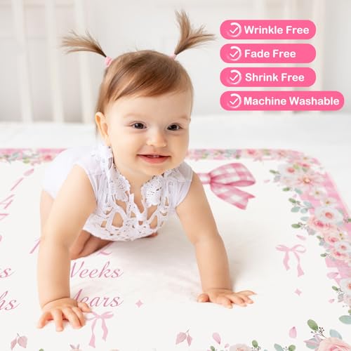 Chumia Baby Monthly Milestone Blanket for Baby Girl 59"x39" Floral Photo Prop Age Milestone Blanket with 2 Felt Floral Wreath Frame (Pink,Bow) - Image 3