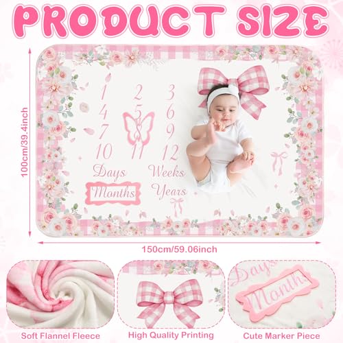 Chumia Baby Monthly Milestone Blanket for Baby Girl 59"x39" Floral Photo Prop Age Milestone Blanket with 2 Felt Floral Wreath Frame (Pink,Bow) - Image 2