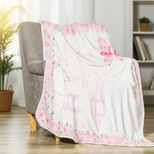 Chumia Baby Monthly Milestone Blanket for Baby Girl 59"x39" Floral Photo Prop Age Milestone Blanket with 2 Felt Floral Wreath Frame (Pink,Bow) - Image 4