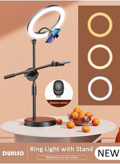 DUNISO Selfie Ring Light with Extendable Desk Stand and 2 Phone Holder, Dimmable LED Beauty Camera Ring light with Bluetooth Remote Control for Makeup, Photo Selfie, Video Recording, Live Streaming, Cooking Filming  - Image 1