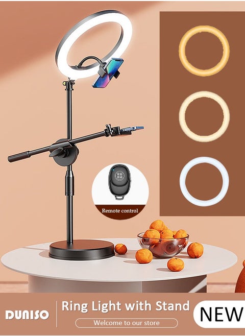 Selfie Ring Light with Extendable Desk Stand and 2 Phone Holder, Dimmable LED Beauty Camera Ring light with Bluetooth Remote Control for Makeup, Photo Selfie, Video Recording, Live Streaming, Cooking Filming