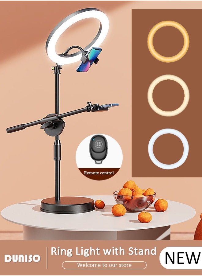 DUNISO - Selfie Ring Light with Extendable Desk Stand and 2 Phone Holder, Dimmable LED Beauty Camera Ring light with Bluetooth Remote Control for Makeup, Photo Selfie, Video Recording, Live Streaming, Cooking Filming - Image 1