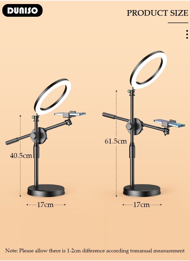 DUNISO - Selfie Ring Light with Extendable Desk Stand and 2 Phone Holder, Dimmable LED Beauty Camera Ring light with Bluetooth Remote Control for Makeup, Photo Selfie, Video Recording, Live Streaming, Cooking Filming - Image 1