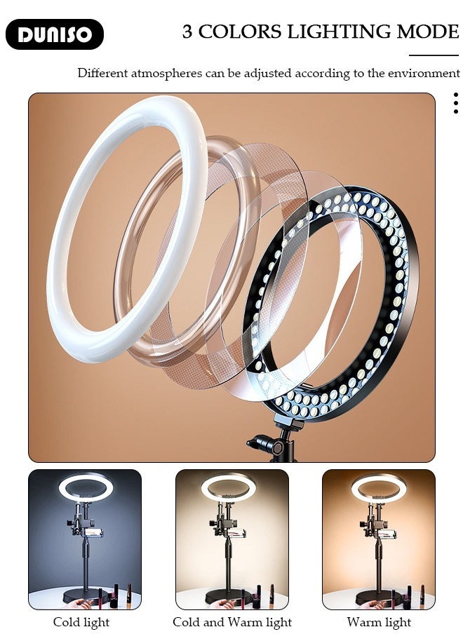 DUNISO - Selfie Ring Light with Extendable Desk Stand and 2 Phone Holder, Dimmable LED Beauty Camera Ring light with Bluetooth Remote Control for Makeup, Photo Selfie, Video Recording, Live Streaming, Cooking Filming - Image 1
