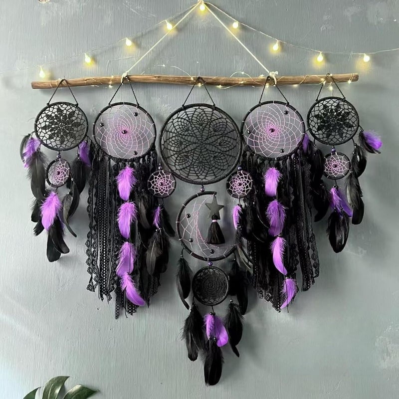 LODDIY Store Set of 5 Boho, Hanging Large Boho Dream Catcher Wall Hanging Moon Dream Catcher Set Dream Catchers Wall Decor for Vintage Wedding Home Decorations (Black Purple) - Image 1