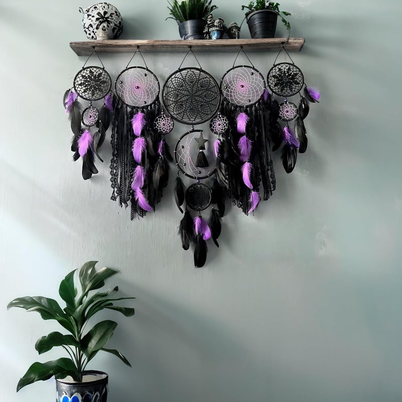LODDIY Store Set of 5 Boho, Hanging Large Boho Dream Catcher Wall Hanging Moon Dream Catcher Set Dream Catchers Wall Decor for Vintage Wedding Home Decorations (Black Purple) - Image 2