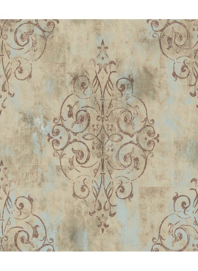 HAOKHOME 940053 Vintage French Damask Peel And Stick Wallpaper 17.7In X 9.8Ft Deep Yellow/Mist Blue/Brown Vinyl Self Adhesive Wall Paper Design For Walls Bathroom Bedroom Home Decor  - Image 1
