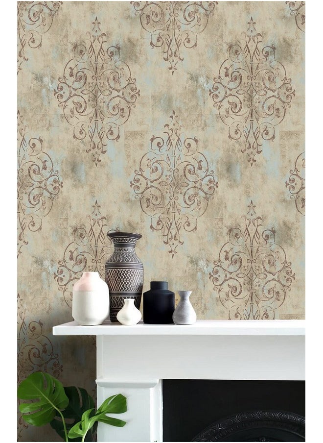 HAOKHOME 940053 Vintage French Damask Peel And Stick Wallpaper 17.7In X 9.8Ft Deep Yellow/Mist Blue/Brown Vinyl Self Adhesive Wall Paper Design For Walls Bathroom Bedroom Home Decor  - Image 4