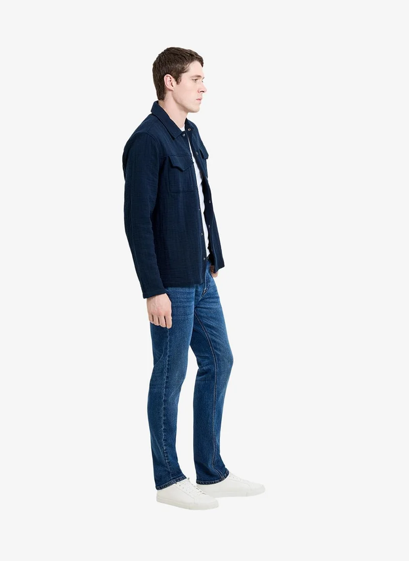 فرنش كونكشن Men's Navy Ls Texture Striped Canvas Shirt