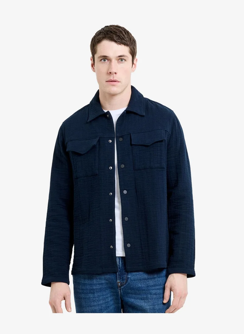 فرنش كونكشن Men's Navy Ls Texture Striped Canvas Shirt