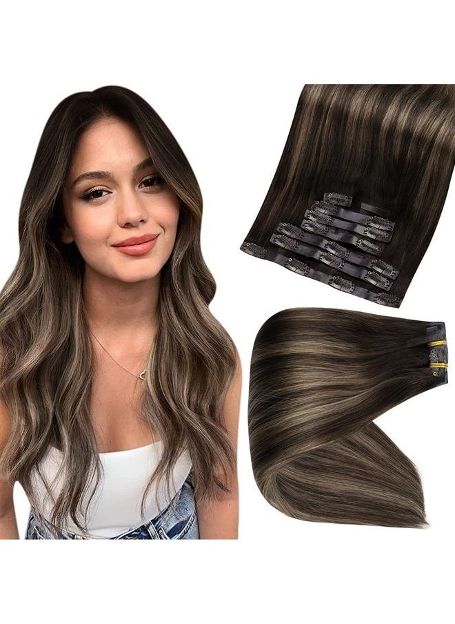 Full Shine Clip in Human Hair Extensions Pu Weft Clip in Extensions Remy Hair Balayage Color 2 Dark Brown Fading to 8 Ash Brown Highlights 2 Brown Hair Extensions Clip in 120 Gram 8 Pcs 18 Inch  - Image 1