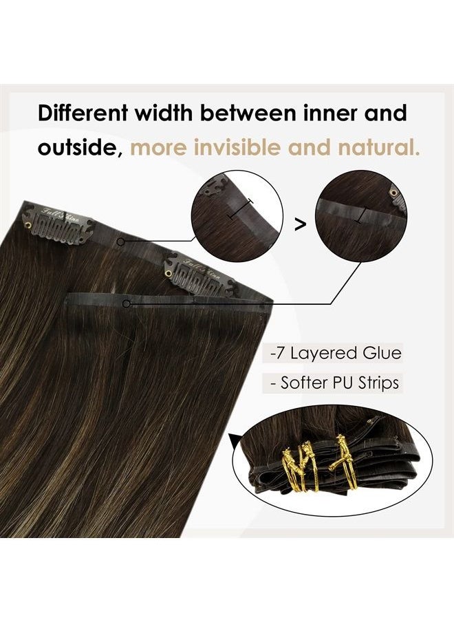 Full Shine Clip in Human Hair Extensions Pu Weft Clip in Extensions Remy Hair Balayage Color 2 Dark Brown Fading to 8 Ash Brown Highlights 2 Brown Hair Extensions Clip in 120 Gram 8 Pcs 18 Inch  - Image 4