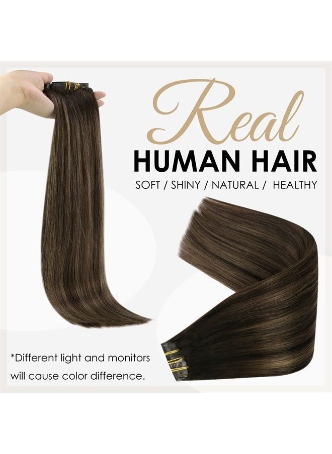 Full Shine Clip in Human Hair Extensions Pu Weft Clip in Extensions Remy Hair Balayage Color 2 Dark Brown Fading to 8 Ash Brown Highlights 2 Brown Hair Extensions Clip in 120 Gram 8 Pcs 18 Inch  - Image 2