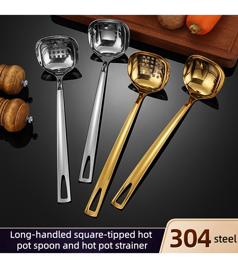 Stainless Steel Long Handled Square Headed Slotted Spoon High Temperature Resistant Deep Spoon For Kitchen Hot Pot Soup Congee - Image 1