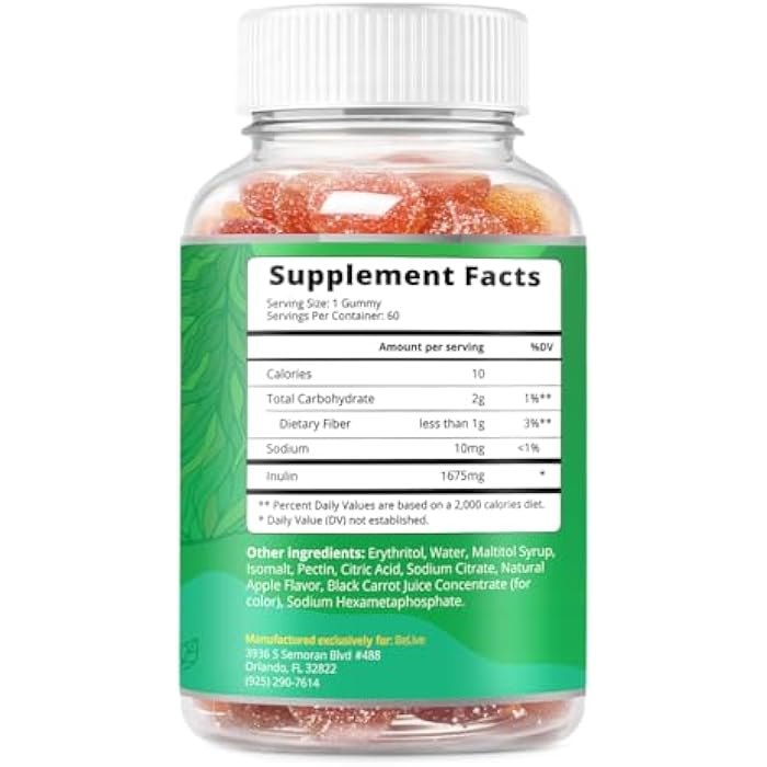 BeLive Fiber Gummies - Prebiotic Fiber Supplement with Chicory Root & Inulin for Digestive Support & Overall Gut Health I Vegan, Sugar Free Gummies for Adults & Children | 60 Ct - Apple Flavor - Image 2