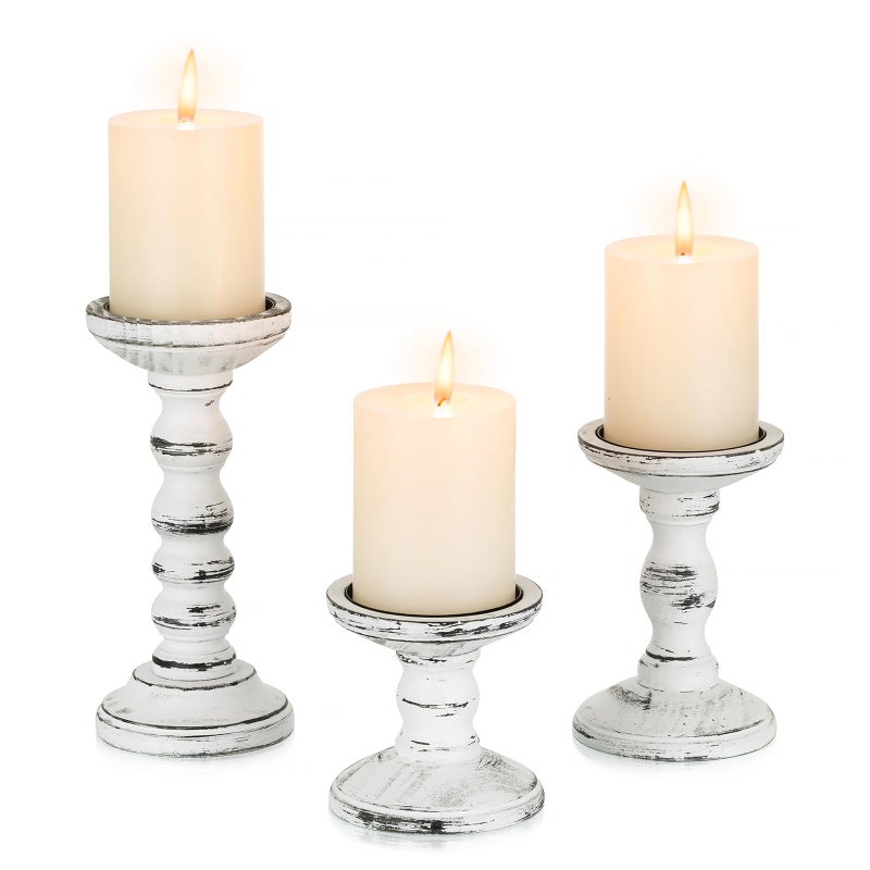 Candeldo Wood Candle Holders for Pillar Rustic Candles Holder Set of 3 Table Centerpiece Decor Wooden White Farmhouse Decorations for Fireplace Mantle