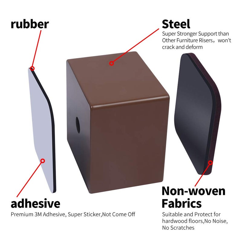 Ezprotekt 2 Inch Bed and Furniture Risers, Heavy Square Chair Sofa Couch Tables Risers, Width 2.4"-Adds 2" Height, Supports 20,000 lbs, Solid Steel Won't Crack & Scratch Floors (Brown, 4 Pack) - Image 3