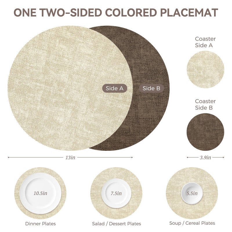 NCUE 13" Round Placemats Set of 6, NCUE Dual-Sided Faux Leather Heat Resistant Table Mats, Waterproof Oilproof Washable Protective Table Placemats with Coaster, Wipeable Vinyl for Indoor & Outdoor Use - Image 4