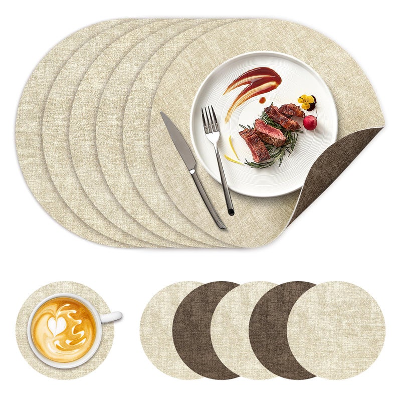 NCUE 13" Round Placemats Set of 6, NCUE Dual-Sided Faux Leather Heat Resistant Table Mats, Waterproof Oilproof Washable Protective Table Placemats with Coaster, Wipeable Vinyl for Indoor & Outdoor Use - Image 1