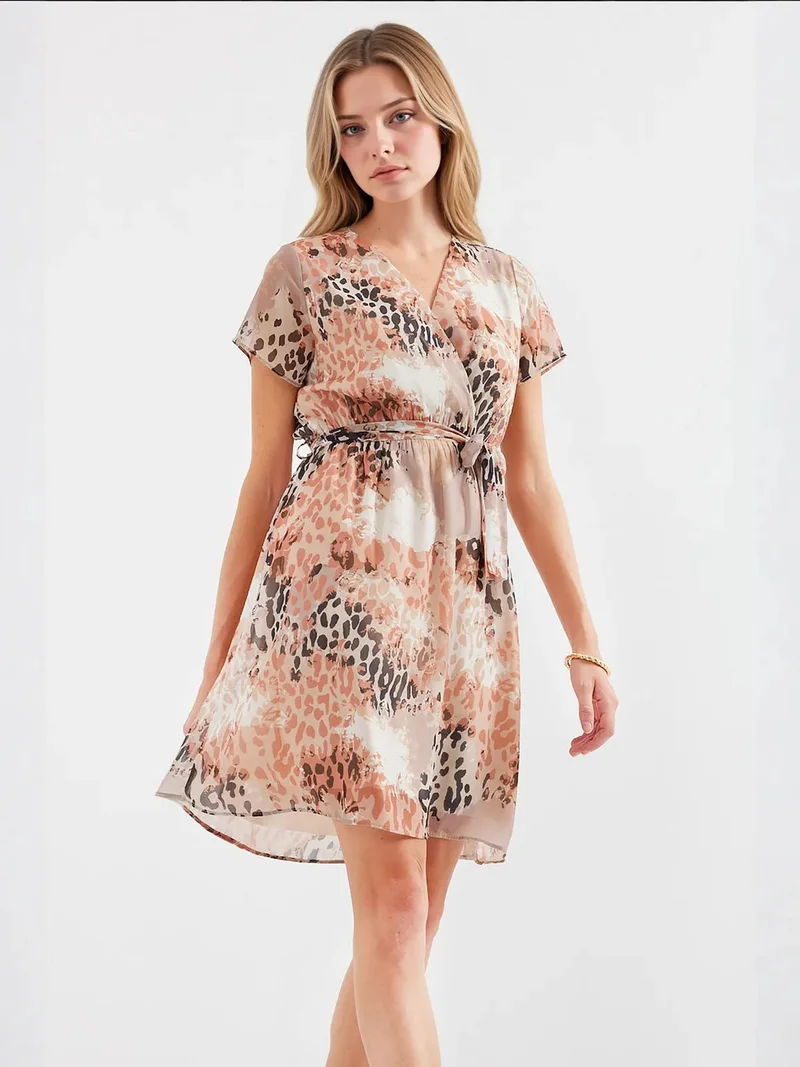 BIG DART BDART V-neck Flowering Mini Dress with Tie Closure