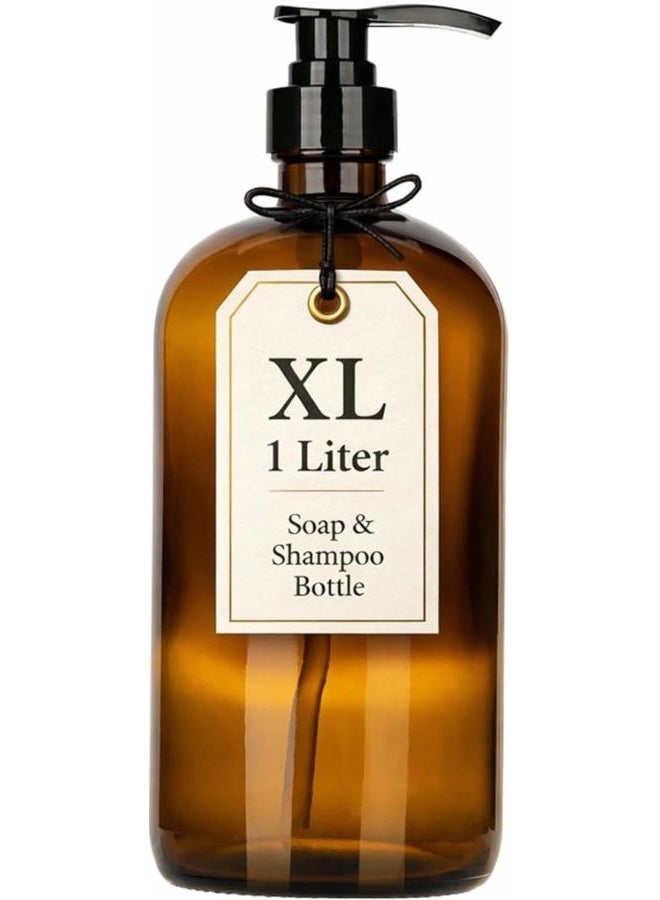 kitchentoolz 32 Ounce Glass Pump Dispenser Bottle, Large Amber Container with Pump for Shower and Bath Shampoo Soap Conditioner Lotion - 1 Liter Shower Bottles- by Kitchentoolz - Image 1