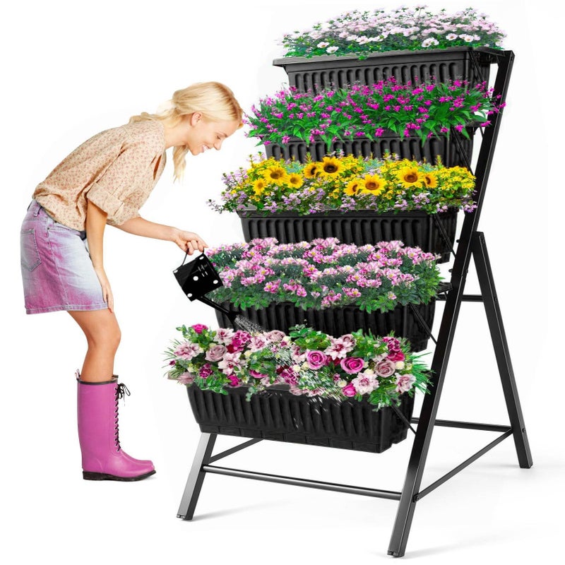 Homdox 374FT Vertical Garden Bed 5 Tiers Vertical Raised Garden Planter 23  26  45Inch Outdoor Garden Raised Bed with 4 Hooks Vegetable Flower Planter Raised Stand for Garden Patio Yard Black