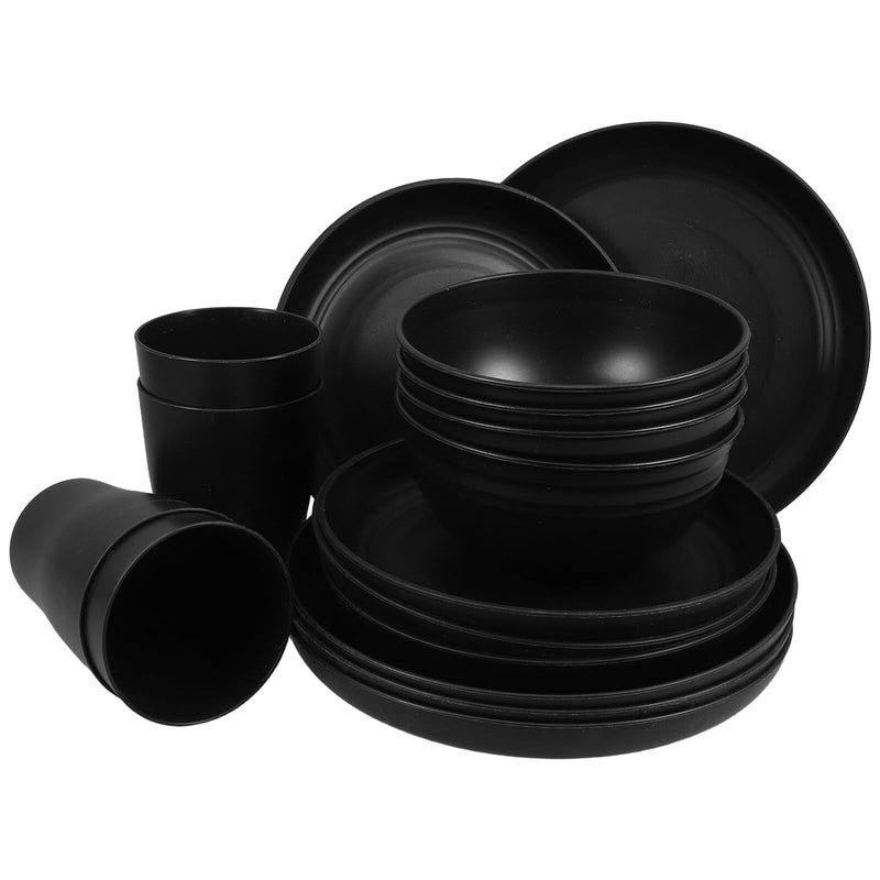 Black Dinnerware Set 16 Pieces For 4 People Reusable Plates Bowls Large Cups - Image 2