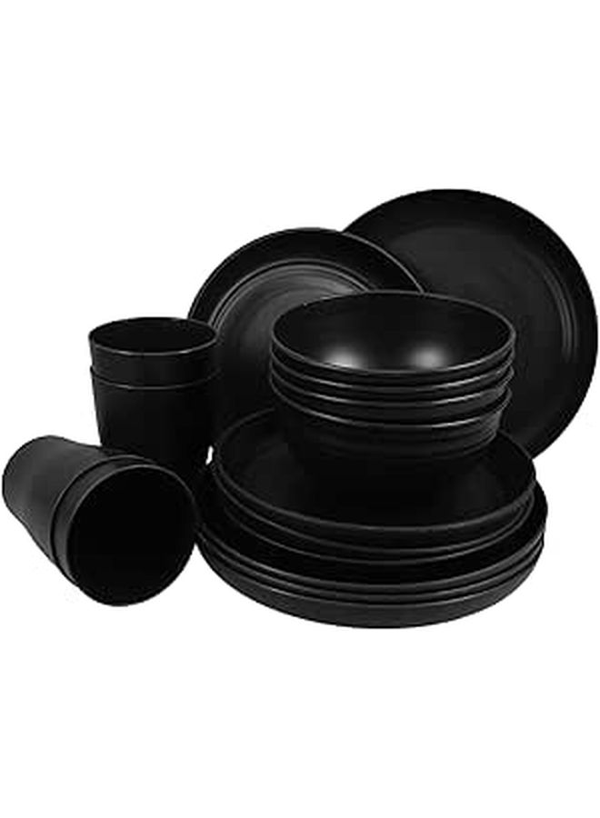Black Dinnerware Set 16 Pieces For 4 People Reusable Plates Bowls Large Cups - Image 1