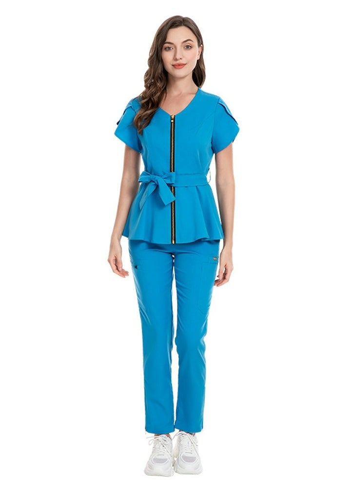 Loquat Womens Medical Uniform Scrubs 2 Piece Set Strap Up Waist Zipper Top and Elastic Waist Straight Pants Suit Blue  - Image 1