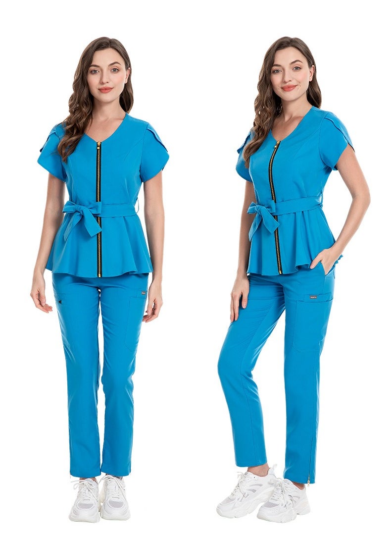 Loquat Womens Medical Uniform Scrubs 2 Piece Set Strap Up Waist Zipper Top and Elastic Waist Straight Pants Suit Blue  - Image 2