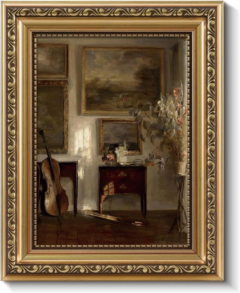 - Vintage Gold Framed Wall Art, Still Life Interior Cello Paintings 8x10 Inch Small Framed Canvas Prints Vintage Victorian Wall Decor - Image 1