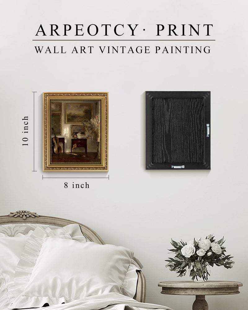 - Vintage Gold Framed Wall Art, Still Life Interior Cello Paintings 8x10 Inch Small Framed Canvas Prints Vintage Victorian Wall Decor - Image 4