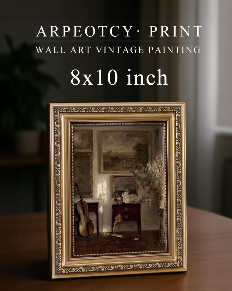 - Vintage Gold Framed Wall Art, Still Life Interior Cello Paintings 8x10 Inch Small Framed Canvas Prints Vintage Victorian Wall Decor - Image 2